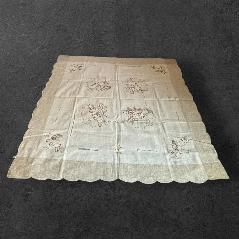 Easter Bunny Tablecloth 50x50 White Beige Embroidered Spring